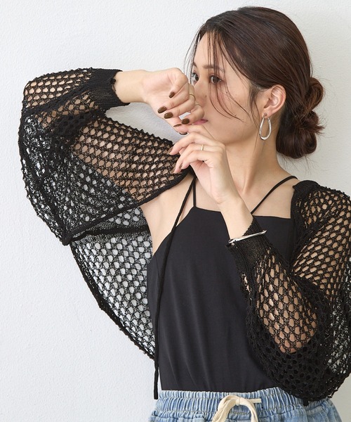 Shelly island（シェリーアイランド）の「メッシュショートカーディガン（ニット/セーター・レディース・ブラック/オフホワイト・FREE）」の19枚目の写真