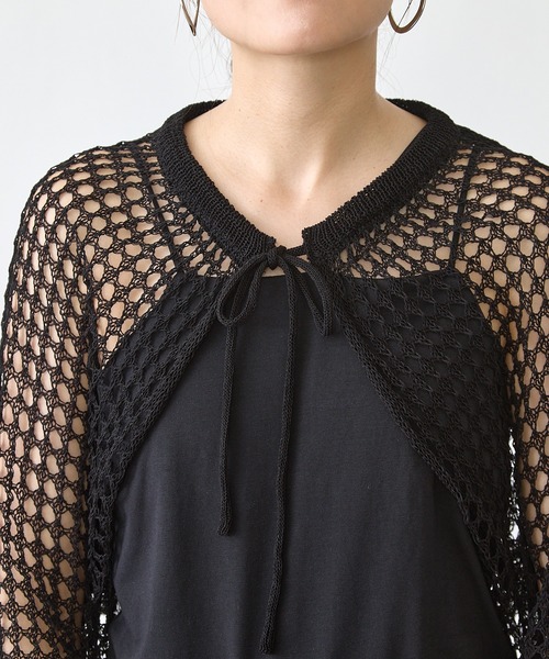 Shelly island（シェリーアイランド）の「メッシュショートカーディガン（ニット/セーター・レディース・ブラック/オフホワイト・FREE）」の4枚目の写真