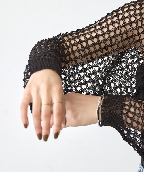 Shelly island（シェリーアイランド）の「メッシュショートカーディガン（ニット/セーター・レディース・ブラック/オフホワイト・FREE）」の7枚目の写真