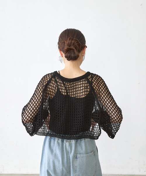 Shelly island（シェリーアイランド）の「メッシュショートカーディガン（ニット/セーター・レディース・ブラック/オフホワイト・FREE）」の9枚目の写真