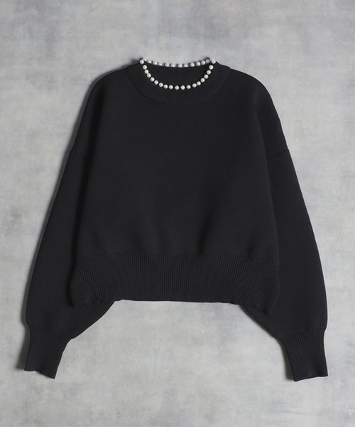 BORDERS ブラックニットセーター パール装飾 セール】パールラウンドネックダイバーニット（ニット/セーター