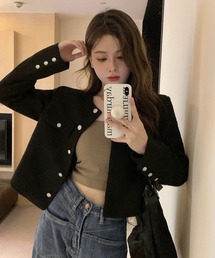 Chaco closet | 金ボタンノーカラーラウンドネックツイードジャケット(ノーカラージャケット)