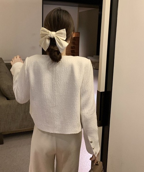 Chaco closet（チャコ クローゼット）の「金ボタンノーカラーラウンドネックツイードジャケット（ノーカラージャケット・レディース・ホワイト/ブラック・FREE）」の20枚目の写真