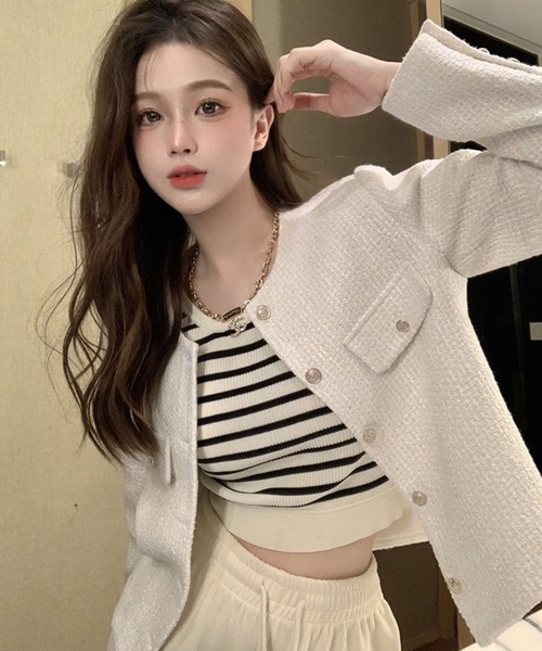 Chaco closet（チャコ クローゼット）の「金ボタンノーカラーラウンドネックツイードジャケット（ノーカラージャケット・レディース・ホワイト/ブラック・FREE）」の21枚目の写真