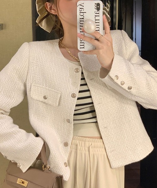 Chaco closet（チャコ クローゼット）の「金ボタンノーカラーラウンドネックツイードジャケット（ノーカラージャケット・レディース・ホワイト/ブラック・FREE）」の11枚目の写真