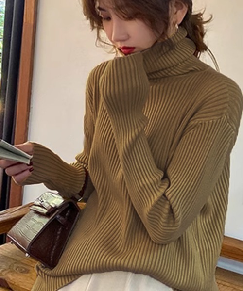 Doula Doula(ドゥーラドゥーラ)の「タートルネックリブニット(ニット/セーター・レディース・カーキ/ブラウン/イエロー/ベージュ/ブラック/アイボリー/ホワイト/パープル/ライトグレー/ブルー/ネイビー/グリーン/キャメル・FREE)」の7枚目の写真