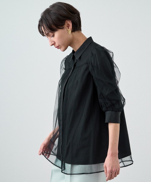 【545】美品　アナイ　ブロードＸチュールパフ袖 ブラウス　白　36 545】美品 アナイ ブロードXチュールパフ袖 ブラウス 白 36