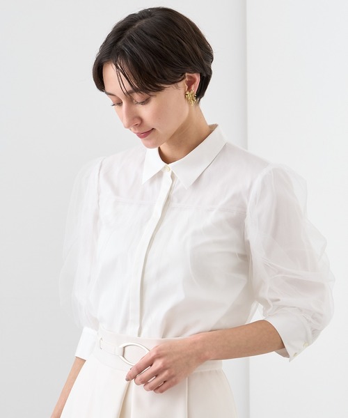 【545】美品　アナイ　ブロードＸチュールパフ袖 ブラウス　白　36 ANAYI（アナイ）の「ブロードXチュールパフ袖 ブラウス（シャツ