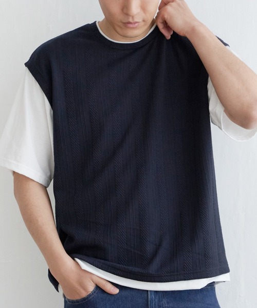ikka（イッカ）の「5分袖フェイクベストTシャツ（Tシャツ/カットソー・メンズ・ベージュ/ネイビー/ブルー/グリーン・S/M/L/XL）」の4枚目の写真