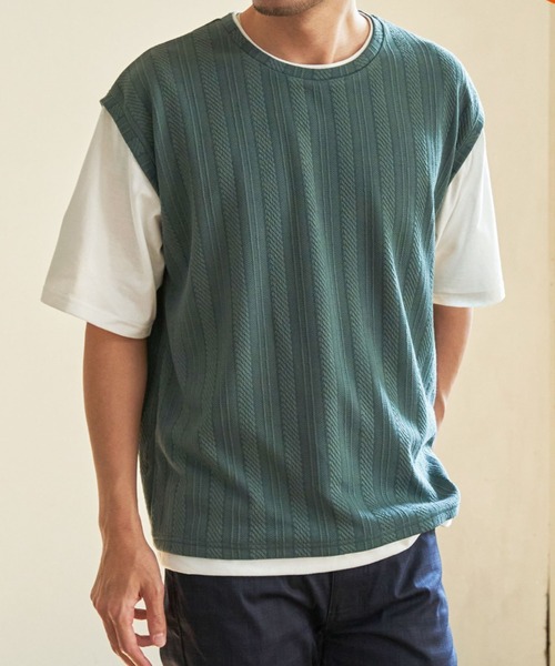 ikka（イッカ）の「5分袖フェイクベストTシャツ（Tシャツ/カットソー・メンズ・ベージュ/ネイビー/ブルー/グリーン・S/M/L/XL）」の3枚目の写真