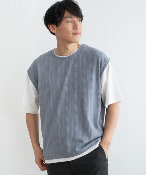 ikka（イッカ）の「5分袖フェイクベストTシャツ（Tシャツ/カットソー・メンズ・ベージュ/ネイビー/ブルー/グリーン・S/M/L/XL）」の17枚目の写真
