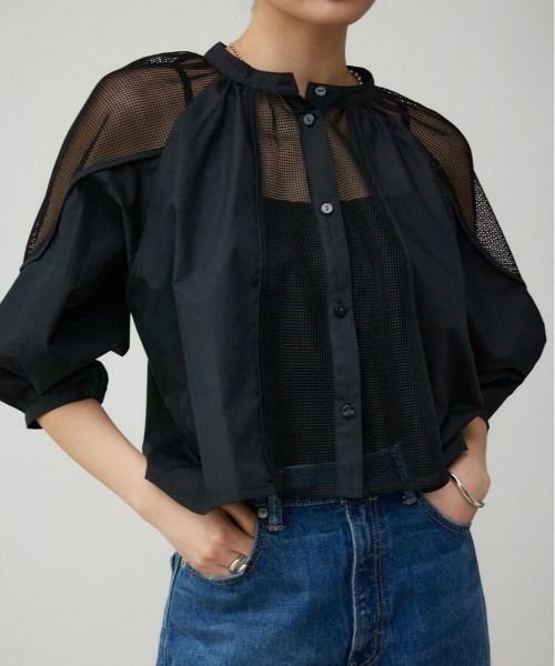 AZUL by moussy(アズールバイマウジー)の「メッシュ切り替えボリュームスリーブシャツ(シャツ/ブラウス・レディース・ブラック/アイボリー・FREE)」の1枚目の写真