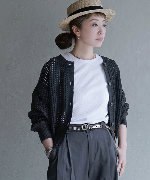 apartment department(アパートメントデパートメント)の「メッシュ編み タックリブクルーネックカーディガン(カーディガン/ボレロ・レディース・アイボリー/ブラック・M)」の10枚目の写真