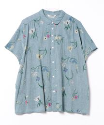 綿麻シャンブレー フラックスデフルール刺繍シャツブラウス