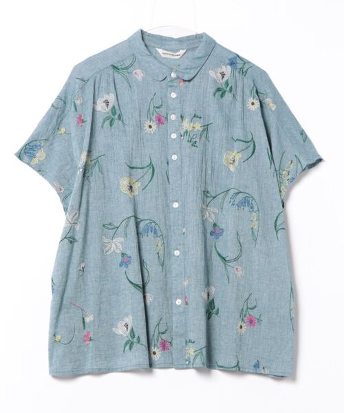 SUPER HAKKA（スーパーハッカ）の「綿麻シャンブレー　フラックスデフルール刺繍シャツブラウス（シャツ/ブラウス・レディース・ブルー/ベージュ・FREE）」の2枚目の写真