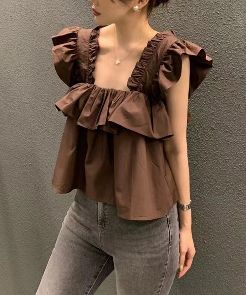 gossip!ロサンゼルス(ゴシップロサンゼルス)の「ギャザーフリルブラウス(シャツ/ブラウス・レディース・ブラウン/オフホワイト・FREE)」の1枚目の写真