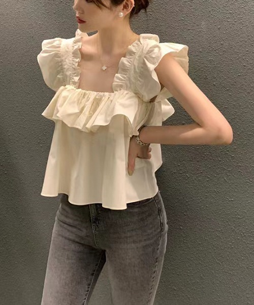 gossip!ロサンゼルス(ゴシップロサンゼルス)の「ギャザーフリルブラウス(シャツ/ブラウス・レディース・ブラウン/オフホワイト・FREE)」の2枚目の写真