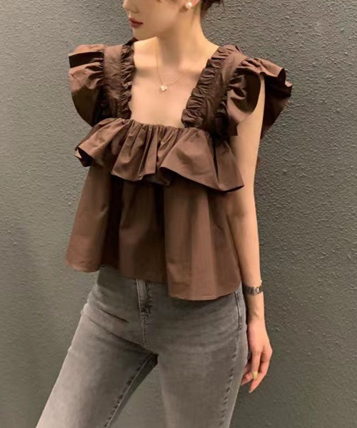 gossip!ロサンゼルス(ゴシップロサンゼルス)の「ギャザーフリルブラウス(シャツ/ブラウス・レディース・ブラウン/オフホワイト・FREE)」の10枚目の写真