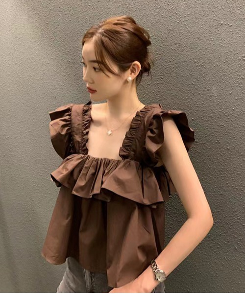 gossip!ロサンゼルス(ゴシップロサンゼルス)の「ギャザーフリルブラウス(シャツ/ブラウス・レディース・ブラウン/オフホワイト・FREE)」の6枚目の写真