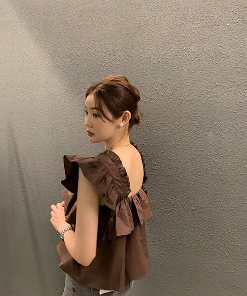 gossip!ロサンゼルス(ゴシップロサンゼルス)の「ギャザーフリルブラウス(シャツ/ブラウス・レディース・ブラウン/オフホワイト・FREE)」の7枚目の写真