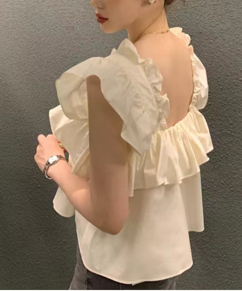gossip!ロサンゼルス(ゴシップロサンゼルス)の「ギャザーフリルブラウス(シャツ/ブラウス・レディース・ブラウン/オフホワイト・FREE)」の4枚目の写真