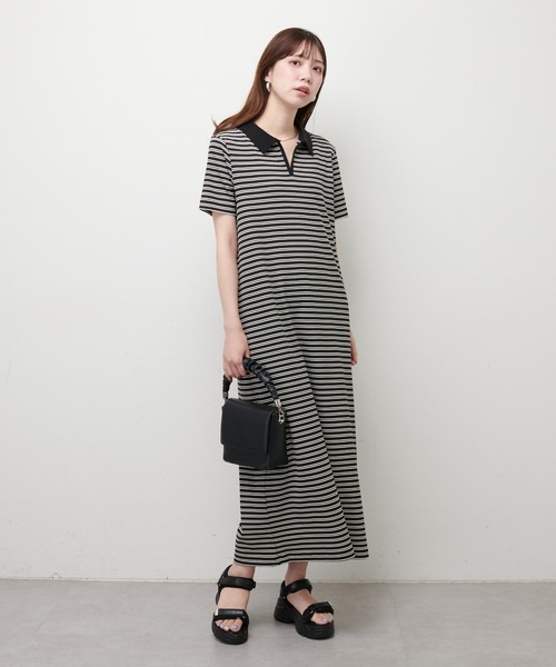 natural couture(ナチュラルクチュール)の「配色スキッパーカットソーワンピース(ワンピース・レディース・アイボリー/ブラック/チャコールグレー・FREE)」の3枚目の写真