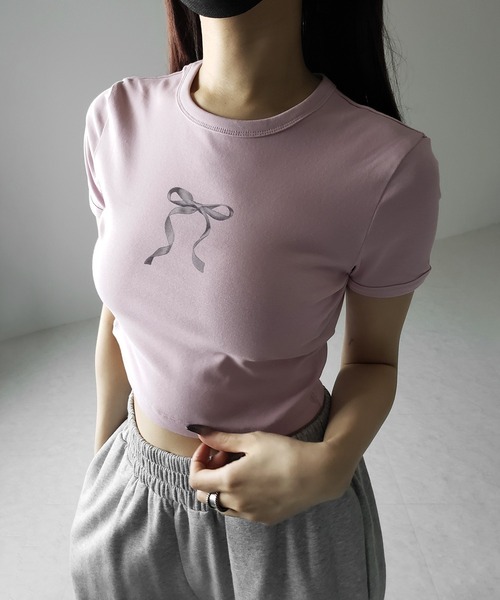 me+em select(ミームセレクト)の「【 4color 】ミニリボンショートちびTシャツ /mini ribbon short chibi Tee(Tシャツ/カットソー・レディース・ホワイト/ピンク/ブラック/グレー・FREE)」の22枚目の写真