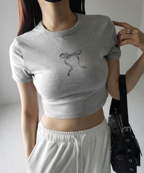 me+em select(ミームセレクト)の「【 4color 】ミニリボンショートちびTシャツ /mini ribbon short chibi Tee(Tシャツ/カットソー・レディース・ホワイト/ピンク/ブラック/グレー・FREE)」の14枚目の写真