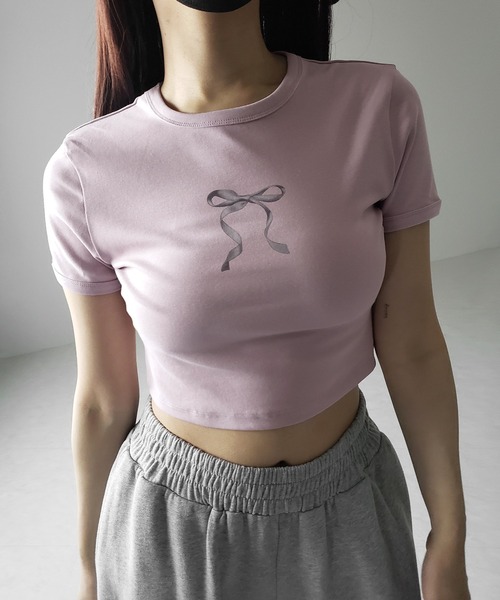 me+em select(ミームセレクト)の「【 4color 】ミニリボンショートちびTシャツ /mini ribbon short chibi Tee(Tシャツ/カットソー・レディース・ホワイト/ピンク/ブラック/グレー・FREE)」の21枚目の写真