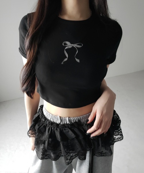me+em select(ミームセレクト)の「【 4color 】ミニリボンショートちびTシャツ /mini ribbon short chibi Tee(Tシャツ/カットソー・レディース・ホワイト/ピンク/ブラック/グレー・FREE)」の6枚目の写真