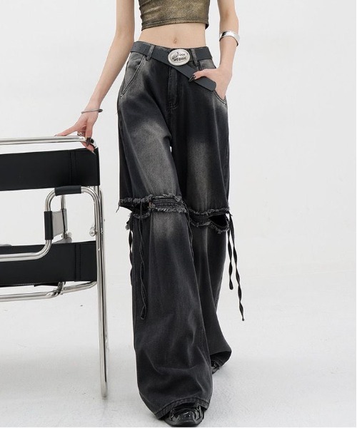 gossip!ロサンゼルス(ゴシップロサンゼルス)の「リボン ハイウエスト ダメージ ワイドデニムパンツ 美シルエット。(デニムパンツ・レディース・ブルー/ブラック・S/M/L)」の6枚目の写真