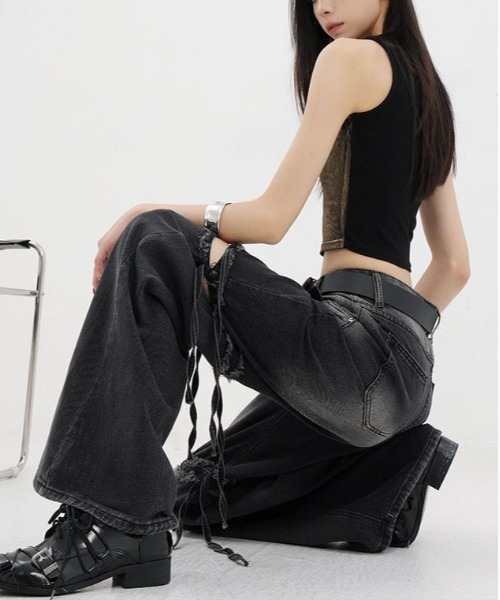 gossip!ロサンゼルス(ゴシップロサンゼルス)の「リボン ハイウエスト ダメージ ワイドデニムパンツ 美シルエット。(デニムパンツ・レディース・ブルー/ブラック・S/M/L)」の9枚目の写真