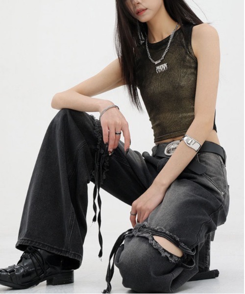 gossip!ロサンゼルス(ゴシップロサンゼルス)の「リボン ハイウエスト ダメージ ワイドデニムパンツ 美シルエット。(デニムパンツ・レディース・ブルー/ブラック・S/M/L)」の10枚目の写真