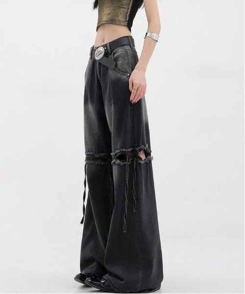 gossip!ロサンゼルス(ゴシップロサンゼルス)の「リボン ハイウエスト ダメージ ワイドデニムパンツ 美シルエット。(デニムパンツ・レディース・ブルー/ブラック・S/M/L)」の11枚目の写真