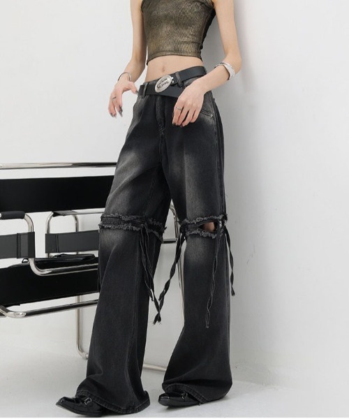 gossip!ロサンゼルス(ゴシップロサンゼルス)の「リボン ハイウエスト ダメージ ワイドデニムパンツ 美シルエット。(デニムパンツ・レディース・ブルー/ブラック・S/M/L)」の12枚目の写真