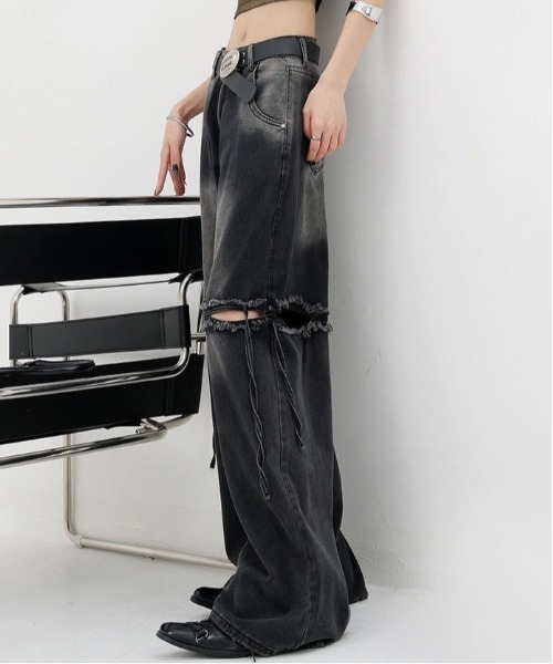 gossip!ロサンゼルス(ゴシップロサンゼルス)の「リボン ハイウエスト ダメージ ワイドデニムパンツ 美シルエット。(デニムパンツ・レディース・ブルー/ブラック・S/M/L)」の14枚目の写真