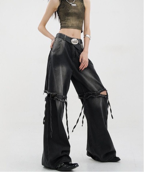 gossip!ロサンゼルス(ゴシップロサンゼルス)の「リボン ハイウエスト ダメージ ワイドデニムパンツ 美シルエット。(デニムパンツ・レディース・ブルー/ブラック・S/M/L)」の17枚目の写真
