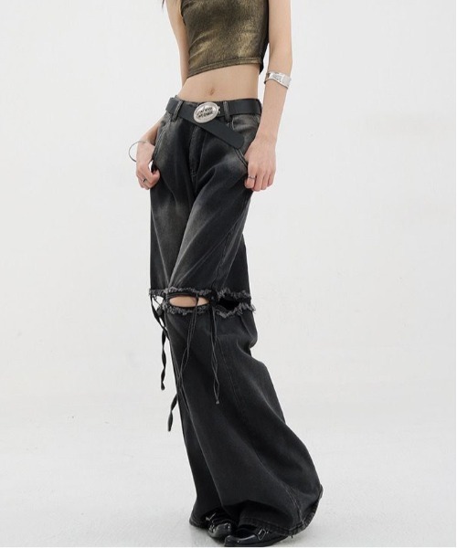 gossip!ロサンゼルス(ゴシップロサンゼルス)の「リボン ハイウエスト ダメージ ワイドデニムパンツ 美シルエット。(デニムパンツ・レディース・ブルー/ブラック・S/M/L)」の19枚目の写真