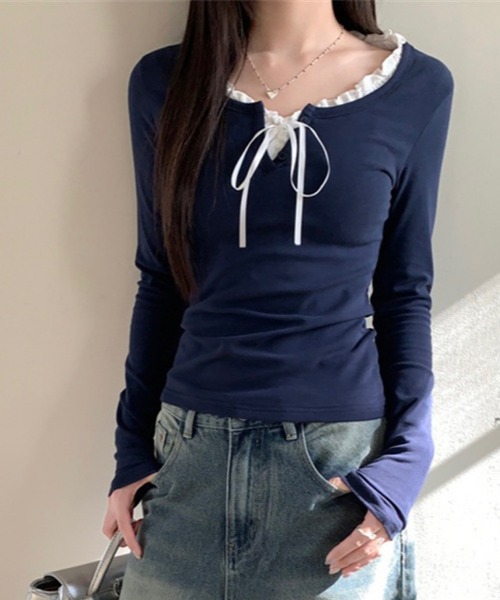 INASTUDIOS（イーナストゥディオス）の「フェイクレイヤード リボンフリルブラウス（Tシャツ/カットソー・レディース・ネイビー/オフホワイト/ブルー・SMALL/MEDIUM/LARGE）」の11枚目の写真