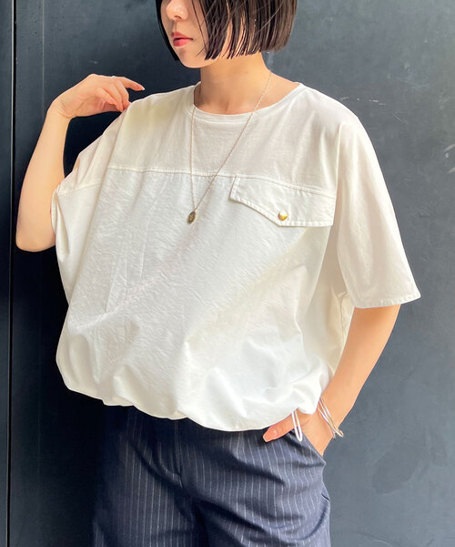 Jena espace merveilleux（ジェナ　エスパスメルヴェイユ）の「【洗濯機洗い◎】フハク切替シルケットカットソー（Tシャツ/カットソー・レディース・ブラック/オフホワイト/ライトグレー・FREE）」の9枚目の写真