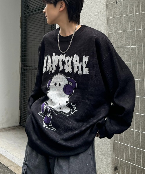 ILL'S（イルズ）の「【ILL'S】8ボール&ゴースト ビッグシルエット ジャガードニット（ニット/セーター・メンズ・ホワイト/ホワイト系その他/ブラック系その他/ブラック・M/L）」の4枚目の写真