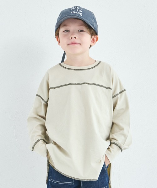 pairmanon(ペアマノン)の「【綿100%】ユニセックス 配色ステッチ ロング丈 長袖Tシャツ(Tシャツ/カットソー・キッズ・グリーン/ブルー/ライトピンク/ライトパープル/ピンク/ベージュ/ブラウン/ブラック/ネイビー/ホワイト・90/100/120/130/110/150/140)」の4枚目の写真