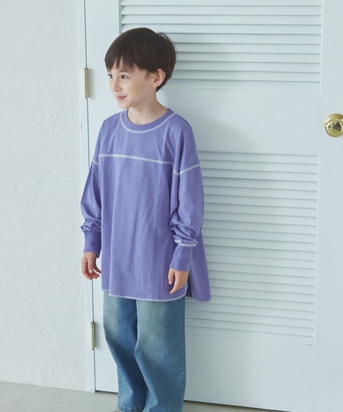 pairmanon(ペアマノン)の「【綿100%】ユニセックス 配色ステッチ ロング丈 長袖Tシャツ(Tシャツ/カットソー・キッズ・グリーン/ブルー/ライトピンク/ライトパープル/ピンク/ベージュ/ブラウン/ブラック/ネイビー/ホワイト・90/100/120/130/110/150/140)」の8枚目の写真