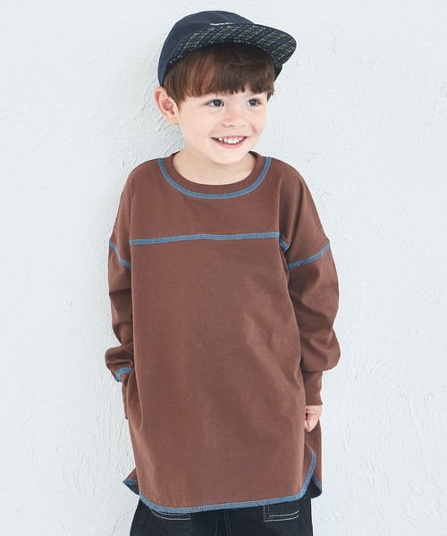 pairmanon(ペアマノン)の「【綿100%】ユニセックス 配色ステッチ ロング丈 長袖Tシャツ(Tシャツ/カットソー・キッズ・グリーン/ブルー/ライトピンク/ライトパープル/ピンク/ベージュ/ブラウン/ブラック/ネイビー/ホワイト・90/100/120/130/110/150/140)」の3枚目の写真