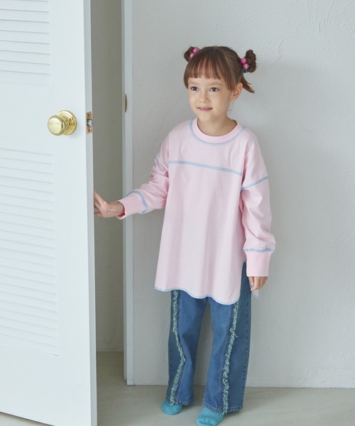 pairmanon(ペアマノン)の「【綿100%】ユニセックス 配色ステッチ ロング丈 長袖Tシャツ(Tシャツ/カットソー・キッズ・グリーン/ブルー/ライトピンク/ライトパープル/ピンク/ベージュ/ブラウン/ブラック/ネイビー/ホワイト・90/100/120/130/110/150/140)」の10枚目の写真