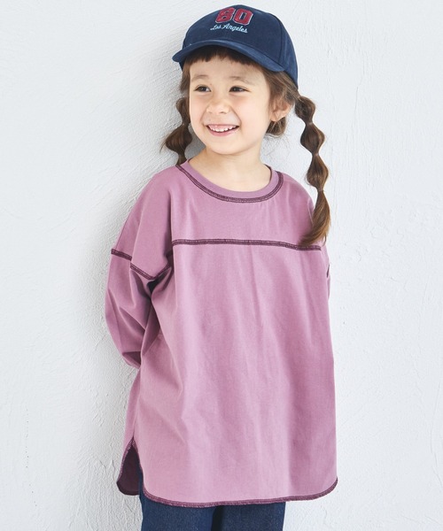 pairmanon(ペアマノン)の「【綿100%】ユニセックス 配色ステッチ ロング丈 長袖Tシャツ(Tシャツ/カットソー・キッズ・グリーン/ブルー/ライトピンク/ライトパープル/ピンク/ベージュ/ブラウン/ブラック/ネイビー/ホワイト・90/100/120/130/110/150/140)」の9枚目の写真