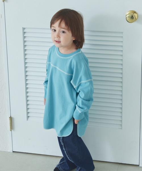 pairmanon(ペアマノン)の「【綿100%】ユニセックス 配色ステッチ ロング丈 長袖Tシャツ(Tシャツ/カットソー・キッズ・グリーン/ブルー/ライトピンク/ライトパープル/ピンク/ベージュ/ブラウン/ブラック/ネイビー/ホワイト・90/100/120/130/110/150/140)」の7枚目の写真