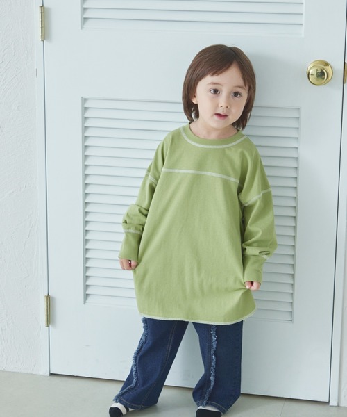 pairmanon(ペアマノン)の「【綿100%】ユニセックス 配色ステッチ ロング丈 長袖Tシャツ(Tシャツ/カットソー・キッズ・グリーン/ブルー/ライトピンク/ライトパープル/ピンク/ベージュ/ブラウン/ブラック/ネイビー/ホワイト・90/100/120/130/110/150/140)」の5枚目の写真