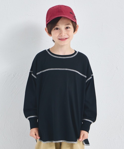 pairmanon(ペアマノン)の「【綿100%】ユニセックス 配色ステッチ ロング丈 長袖Tシャツ(Tシャツ/カットソー・キッズ・グリーン/ブルー/ライトピンク/ライトパープル/ピンク/ベージュ/ブラウン/ブラック/ネイビー/ホワイト・90/100/120/130/110/150/140)」の1枚目の写真