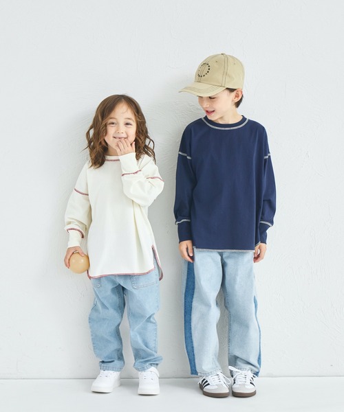 pairmanon(ペアマノン)の「【綿100%】ユニセックス 配色ステッチ ロング丈 長袖Tシャツ(Tシャツ/カットソー・キッズ・グリーン/ブルー/ライトピンク/ライトパープル/ピンク/ベージュ/ブラウン/ブラック/ネイビー/ホワイト・90/100/120/130/110/150/140)」の16枚目の写真